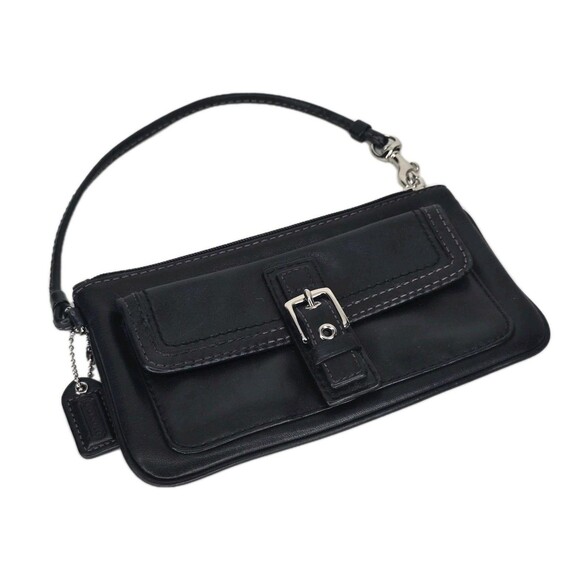 Coach Womens Single Strap Zip Top Pocket Front Wristlet Handbag Black Leather - Picture 1 of 8